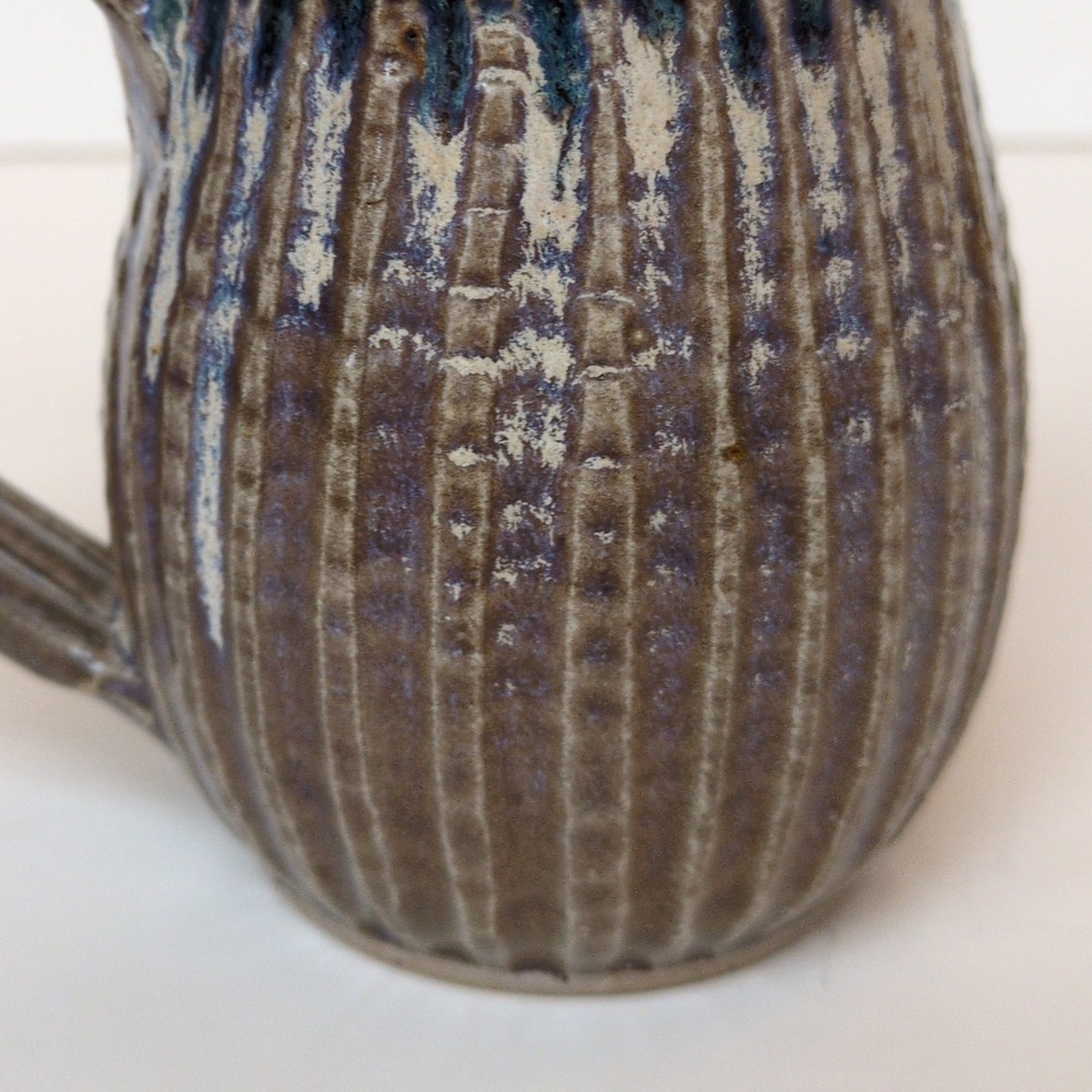 Artisan Handmade Pottery Stoneware Coffee or Tea Mug - Ribbed Blue Gray Brown - Picture 3 of 7